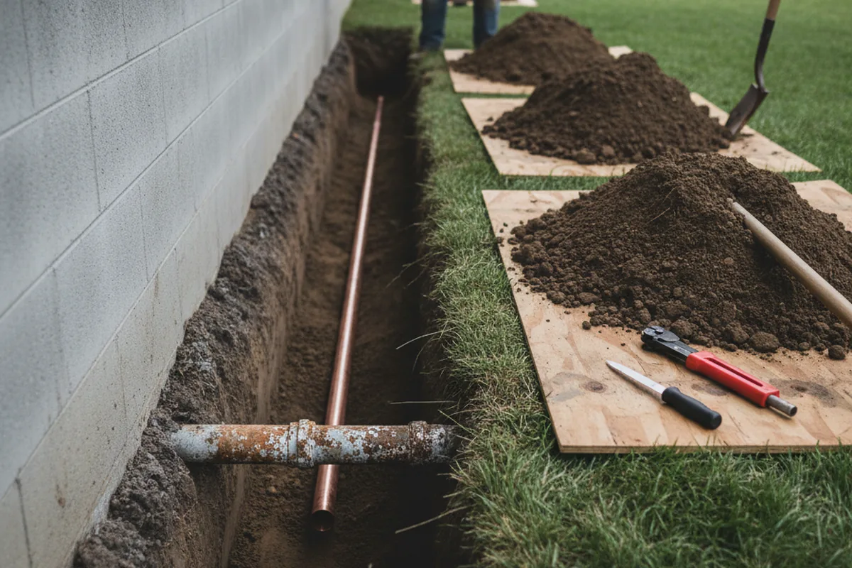 Excavated water line trench during Sewer Line Repair in Melbourne